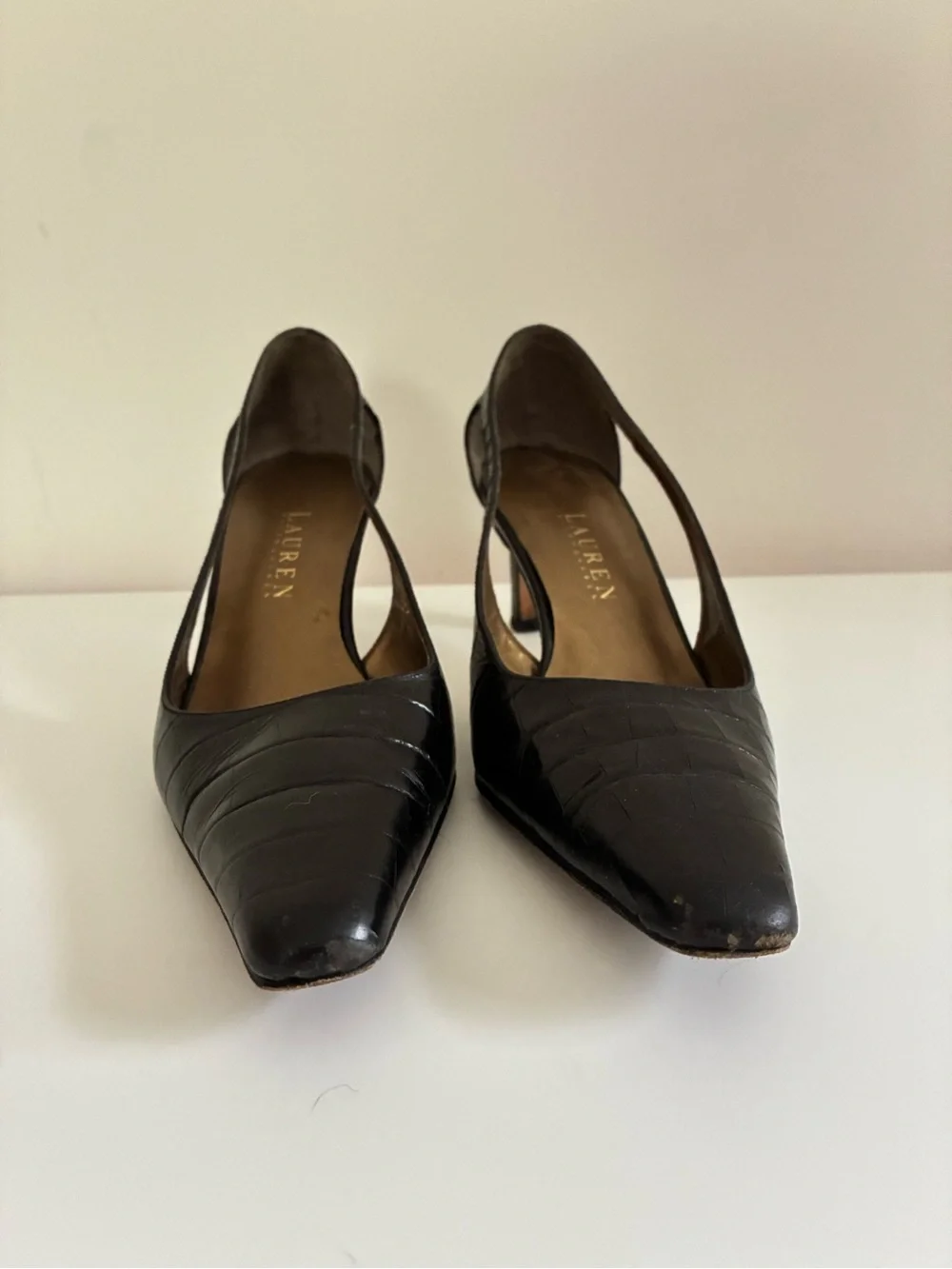 Vintage Ralph Lauren Y2K 90s Classic Black Leather Pointed-Toe Slingback Heels